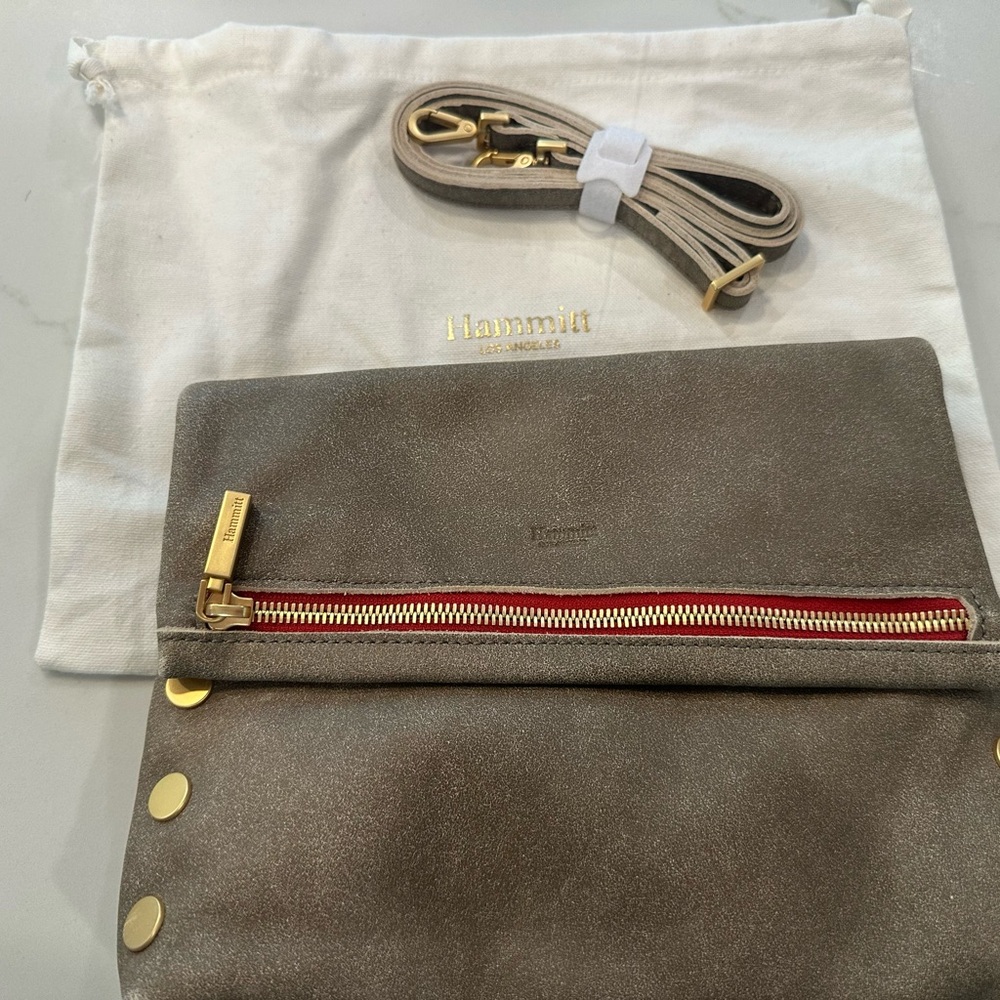 Hammett VIP Med Pew/Brushed Gold Zip Clutch with strap to convert to crossbody